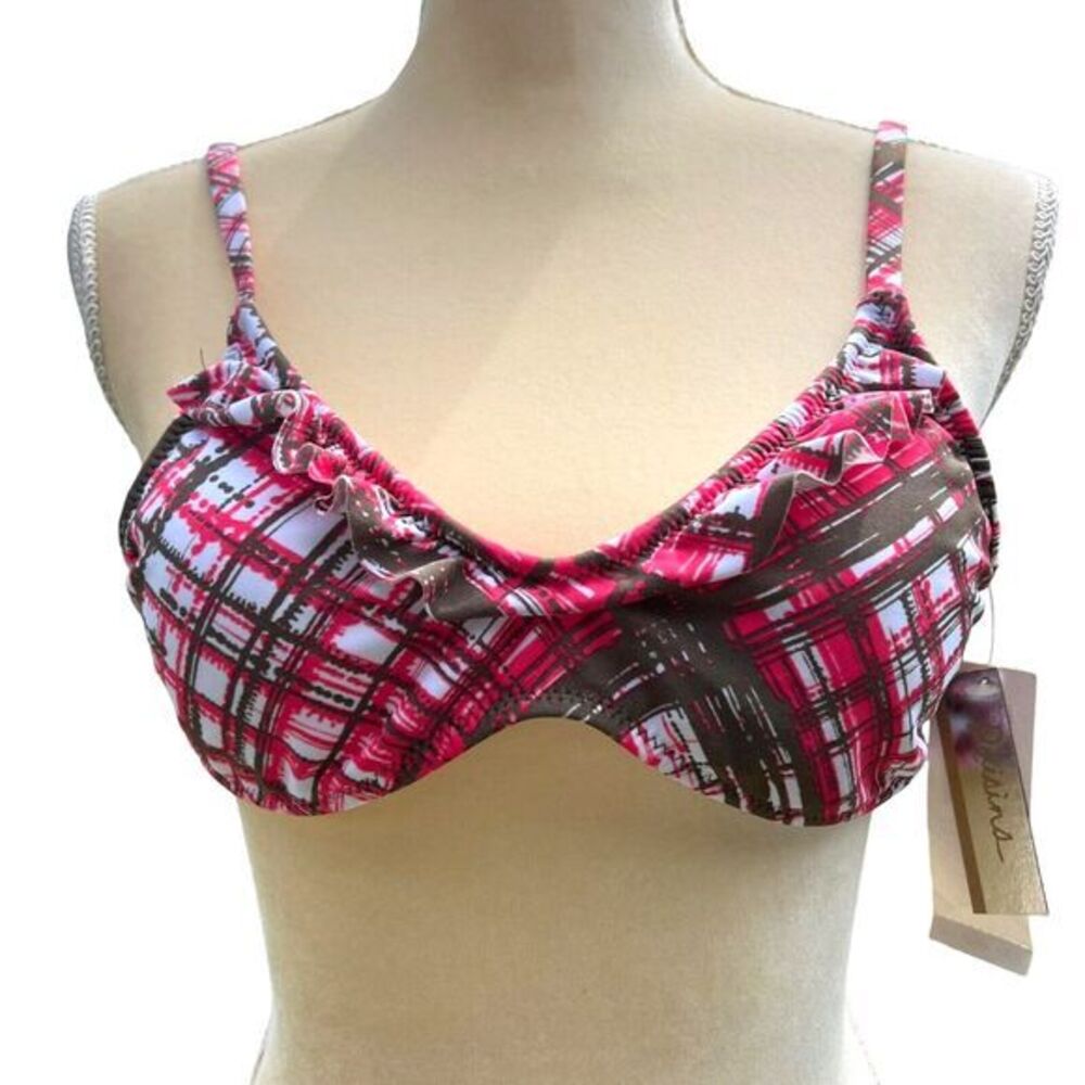 RAISINS Girl's Ruffle‎ Swim Bikini Top Size M Plaid Pink, Brown, White
